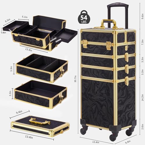 Somduy Rolling Makeup Case, Makeup Train Case with Lid, 5 in 1 Cosmetology Case on Wheels, Christmas Gift, Large Makeup Organizers, Profesional Cosmetic Case for Salon Barber, Pattern Black Gold - color: Black Gold