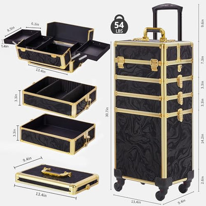 Somduy Rolling Makeup Case, Makeup Train Case with Lid, 5 in 1 Cosmetology Case on Wheels, Christmas Gift, Large Makeup Organizers, Profesional Cosmetic Case for Salon Barber, Pattern Black Gold - color: Black Gold
