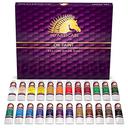 MyArtscape Supplies Paint Bundle - Oil Paint Set - 12ml x 24 Tubes - Lightfast - Heavy Body - Oil-based Colors - with Artist Quality Miniature Paint Brushes with Holder