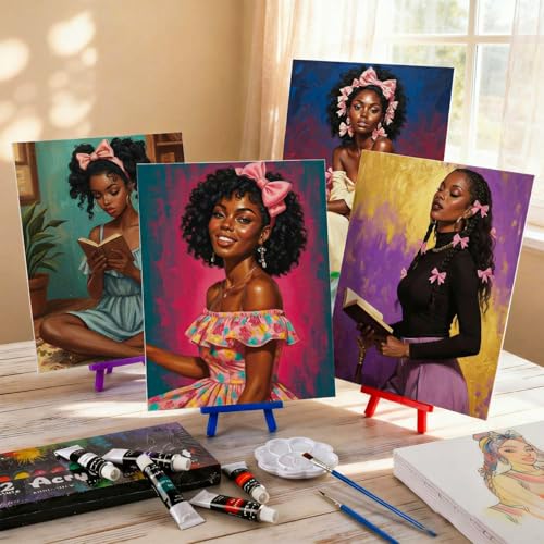 Sherr 108 Pcs 12 Set Black Girl Sip and Paint Kit for Adults 8''x10'' Pre Drawn Canvas to Paint DIY Acrylic Painting Kit Pre Printed Canvas for Date Night Juneteenth Party Team Building - style: Black Girl