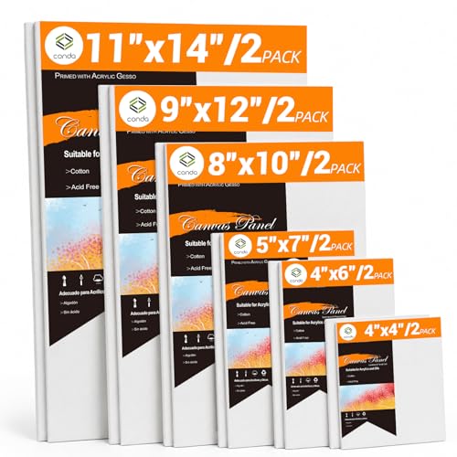CONDA 12-Pack Mixed Size Canvas for Painting, 2 of 4x4, 4x6, 5x7, 8x10, 9x12, 11x14 Paint Canvas Boards, 100% Cotton Triple Primed Canvases Bulk, Art Supplies for Kids & Adults Oil Painting - size: 12 pack