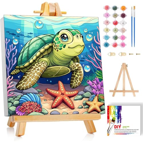 ajepon Sea Turtle Paint by Numbers Kit for Kids with Frame - Cute Tortoise Paint by Number for Kids, Kid Painting by Number Kits Age 8-12 for Home Wall Decor 8X8inch (with Wooden Easel) - color: BKH2005