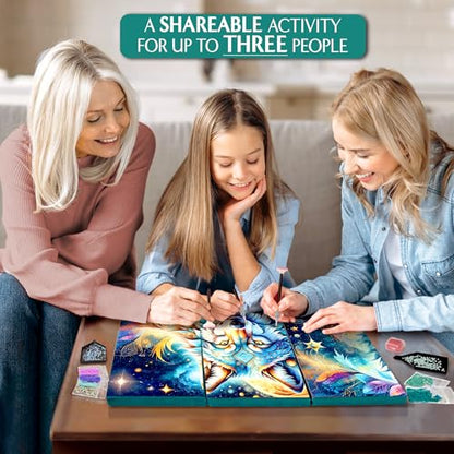 ArtSkills Diamond Painting Kit, Diamond Art Ready to Hang Framed Canvas with Storage and Accessory Kit, Mythical Wolf, 3 Stretched Canvas Panels, 14” x 7” Each - color: Mythical Wolf