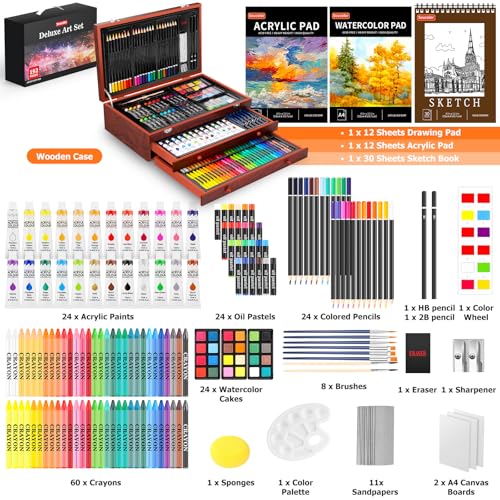Soucolor Art Supplies, 192-Pack Deluxe Art Set Drawing Painting Supplies Kit with Acrylic Pad, Watercolor Pad, Sketch Book, Canvases, Acrylic Paint, Crayons, Pencils, Gifts for Artist Adults Teen Kids - color: Brown