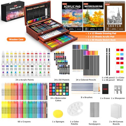 Soucolor Art Supplies, 192-Pack Deluxe Art Set Drawing Painting Supplies Kit with Acrylic Pad, Watercolor Pad, Sketch Book, Canvases, Acrylic Paint, Crayons, Pencils, Gifts for Artist Adults Teen Kids - color: Brown