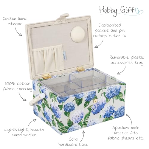 Hobby Gift Medium Sewing Box Organiser, Fabric Covered Storage Box with Handle, Internal Tray, Pin Cushion and Pocket for Sewing, Quilting and Knitting Supplies - color: Blue Hydrangea