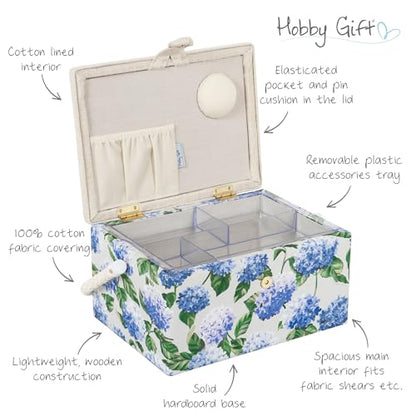 Hobby Gift Medium Sewing Box Organiser, Fabric Covered Storage Box with Handle, Internal Tray, Pin Cushion and Pocket for Sewing, Quilting and Knitting Supplies - color: Blue Hydrangea