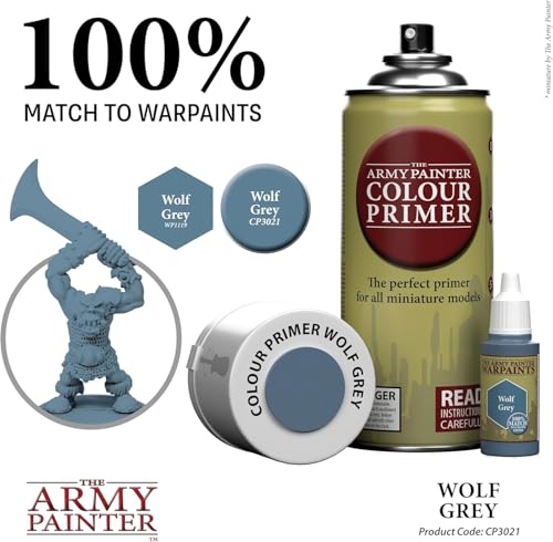 The Army Painter Colour Primer Wolf Grey, 400 mL Acrylic Spray Primer, Spray Paint Basecoat for Miniature Priming, Tabletop Roleplaying, Boardgames, and Wargames Miniature Modelling - color: Wolf Grey