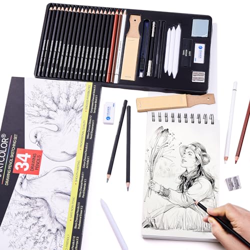 MARTCOLOR Drawing Sketching Pencils Set, 34 Pieces Pro Art Pencil Kit - Graphite Pencils (14B-4H), Charcoal Pencils, Charcoal Sticks, Artist Pencils for Beginners & Pro Artists
