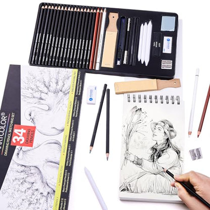 MARTCOLOR Drawing Sketching Pencils Set, 34 Pieces Pro Art Pencil Kit - Graphite Pencils (14B-4H), Charcoal Pencils, Charcoal Sticks, Artist Pencils for Beginners & Pro Artists