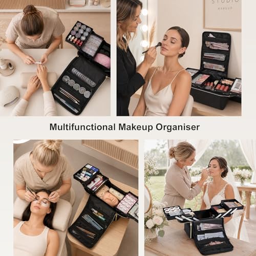 Yueieoun Large Travel Makeup Train Case, Big Makeup Bag Organizer Makeup Box,4 Tier Professional Cosmetic Storage Cases for Nail Tech Tattoo Storage Bag for Equipment and Supplies with luggage Sleeve - size: Large