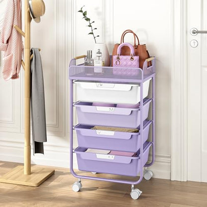 SYKIARIOL 4-Drawer Rolling Storage Cart with Mesh Top, Utility Craft Organizer Cart on Wheels with DIY Labels, Rolling Drawer Cart for Home Office Classroom Bedroom, Purple - color: Purple