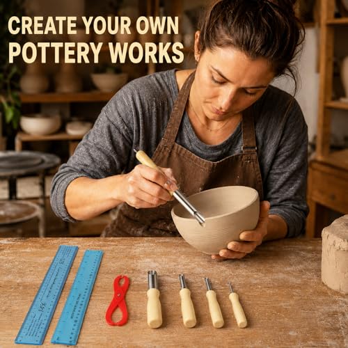 7Pcs Pottery Tools Set Includes Clay Sculpture Ceramic Shrinkage Scale Ruler, Standard Ruler, Bent-Leg Plastic Caliper, Stainless Steel Circular Clay Hole Cutters for Carving Shaping Modeling Drilling