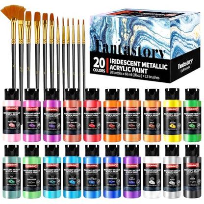 Fantastory Metallic Iridescent Acrylic Paint Set with 12 Brushes, 20 x 2oz Metallic Colors, Color-Shifting, Craft Paint Kit, Metal/Canvas/Rock/Stone/Ceramic/Model/Wood Painting [Professional Series] - style: 20 Metallic Iridescent Colors