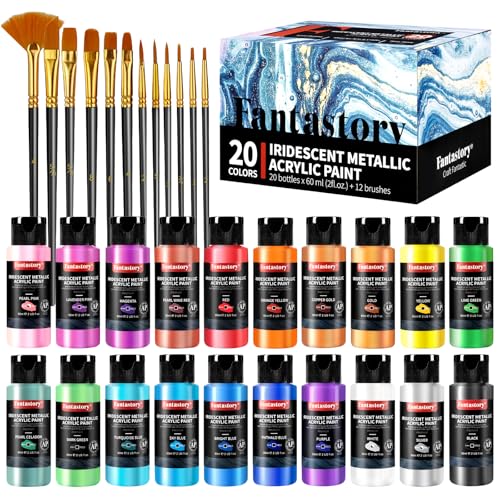 Fantastory Metallic Iridescent Acrylic Paint Set with 12 Brushes, 20 x 2oz Metallic Colors, Color-Shifting, Craft Paint Kit, Metal/Canvas/Rock/Stone/Ceramic/Model/Wood Painting [Professional Series] - style: 20 Metallic Iridescent Colors