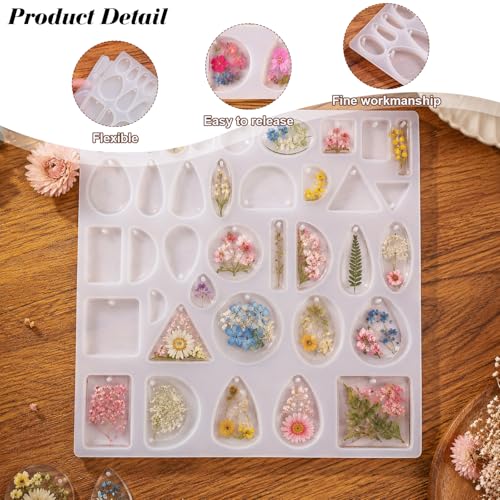 Resin Jewelry Molds Silicone Molds Casting Tray with Hole Assorted Shapes Handmade Resin Pendant Mold for DIY Gem Cabochon Earring Necklace Jewelry Keychain Bookmark Making Kit Crafting Projects