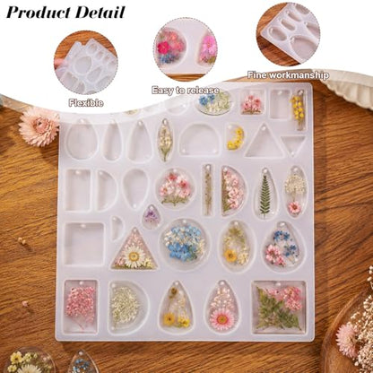 Resin Jewelry Molds Silicone Molds Casting Tray with Hole Assorted Shapes Handmade Resin Pendant Mold for DIY Gem Cabochon Earring Necklace Jewelry Keychain Bookmark Making Kit Crafting Projects