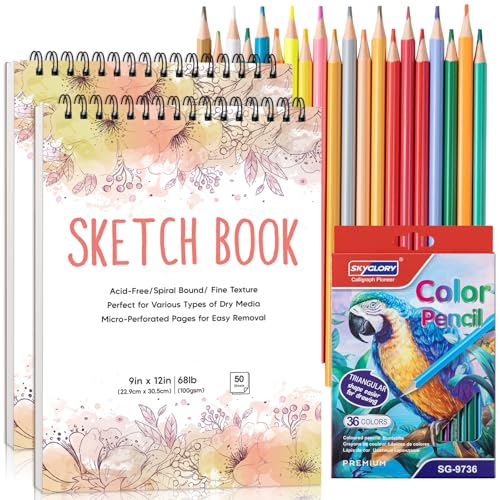 2 Pack Sketch Book with 36 Color Pencil Set, Spiral Sketchbook for Drawing (68lb/100gsm), Acid-Free Sketch Pad for Artist(9×12 inch), Art Paper Drawing Supplies for Gifts (Petal Theme) - color: Flowers