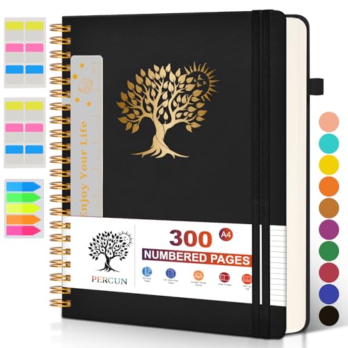 PERCUN Spiral Notebook 300 Numbered Lined Pages Hardcover Journal 8.5"x11" | College Ruled Spiral Bound Notebook with Tabs, A4 Large Leather Journal for Women Men, Work, School, Writing & Note Taking - color: Black, size: A4 size (8.5in x 11.5in)