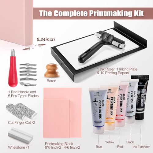 Bobblebro Linoleum Blocks for Printmaking, Stamp Making Carving Linocut Kit for Kids DIY Gift, Rubber Stamp Carving Screen Printing Kit with 4 Colors Block Printing Ink, Rubber Block, Linocut Tools