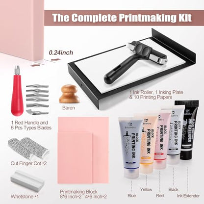 Bobblebro Linoleum Blocks for Printmaking, Stamp Making Carving Linocut Kit for Kids DIY Gift, Rubber Stamp Carving Screen Printing Kit with 4 Colors Block Printing Ink, Rubber Block, Linocut Tools