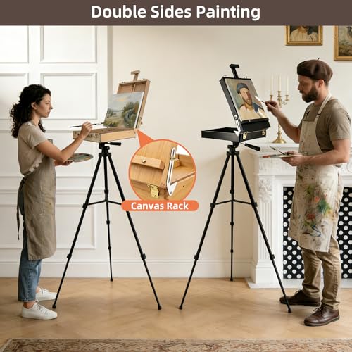 Black French Style Easel Sketch Box with Aluminum Tripod | Lightweight Black Aluminum Tripod, Adjustable Portable Plein Air Easel for Outdoor Painting, Sketching & Painting - color: Black