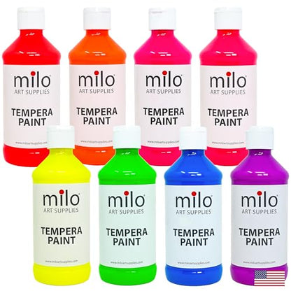 milo Fluorescent Neon Washable Paint | 8 oz Bottles 8 Colors | Made in the USA | Glows UV in Black Light | Safe & Non-Toxic Tempera Paint for Art & Craft, Poster, Window, Classroom, School - style: Fluorescent Tempera 8 x 8 oz Bottles