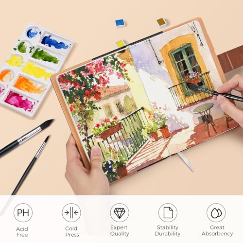 Watercolor Sketchbook,8.2 x 5.5 inch,20 Sheets Cold Press 100% Cotton 300 GSM 140lb,A5 Watercolor Paper for Art Painting, Drawing, Mixed Media - color: brown