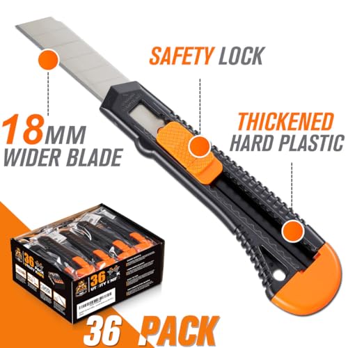 REXBETI 36 Pack Utility Knife, Retractable Box Cutter for Cartons, Cardboard and Boxes, 18mm Wider Razor Sharp Blade, Smooth Mechanism, Perfect for Office and Home use (36 Pack) - style: 36 Pack