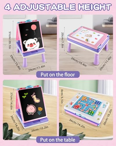 Elovien Easel for Kids, 4 in 1 Double Sided Toddler Art Easel with Chalkboard & Magnetic Whiteboard, Foldable Kid Tabletop Easel with Drawing & Writing Accessories - Educational Gift for Girl (Purple) - color: Purple