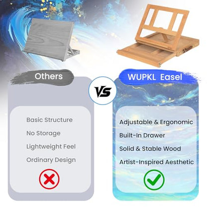 Portable Tabletop Easel for Painting, Wooden Desk Easel with Drawer & Palette, Adjustable Art Easel for Adults Beginners, Foldable Travel Easel with Handle & Strap (Beech Wood)