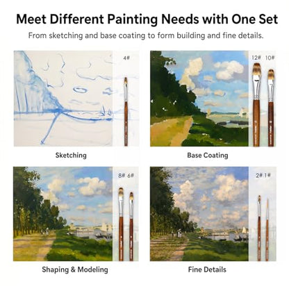 Marie's 7 Pcs Artist Paint Brush Set, Synthetic Nylon Brushes with Filbert and Liner Tips, Wood Handle Painting Brushes for Acrylic, Gouache, Oil, Practice and Professional Artwork