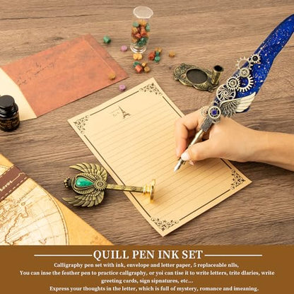 Quill Pen Ink Set with Seal Stamp - Feather Calligraphy Pen and Ink Set, Wax Seal Stamp Kit, Calligraphy Copybook,Beginner Calligraphy Quill Pen Lovers of All Ages Selection Gift (Blue)