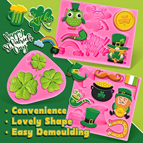 Whaline 3Pcs St. Patrick's Day Fondant Molds Shamrock Hat 3D Silicone Moulds Leprechauns Gnome Shoes Clover Shoes Pattern Resin Mold Cupcake Cookie Baking Decorating Mould for Irish Holiday DIY Candy - style: Shamrock