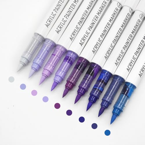 Water Based Acrylic Paint Markers, 9 Colors Acrylic Paint Pens Set with Soft Brush Tip, Marker Pen for Rock Painting, Egg, Wood, Glass, Paper, Acrylic Painter Ink (Calaxy Purple) - color: Calaxy Purple