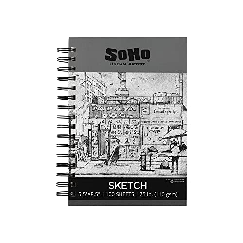 Soho Urban Artist Sketchpad (75lb/110gsm), 100 Sheets of Spiral Bound Sketch Book for Artist Pro & Amateurs, Colored Pencil, Charcoal and Graphite for Sketching, 5.5x8.5 - size: 5.5x8.5