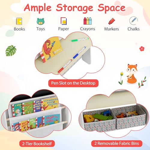 HONEY JOY Kids Art Easel, Wooden Double-Sided Toddler Table & Chair Set w/Adjustable Magnetic White Board & Chalkboard, Bookshelf & Storage Bin, Arts & Crafts (Natural + White) - color: Natural + White