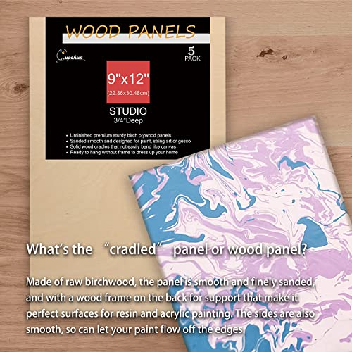 Cupohus Unfinished Birch Wood Boards Canvas for Painting, 5 Packs 3/4'' Deep Cupohus 9'' x 12'' Wooden Cradled Panels for Pouring Art, Crafts, Paints and More - size: 9" x 12"