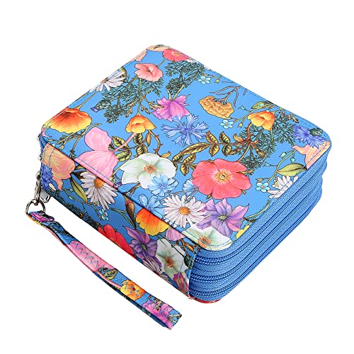Portable Colored Printing Pattern Morning glory and Daisy Pencil Case 72 Slots Pencil Bag Organizer with Zipper for Watercolor Pens or Markers, Pencil Case Organizer for Artist - color: Blue+Flower