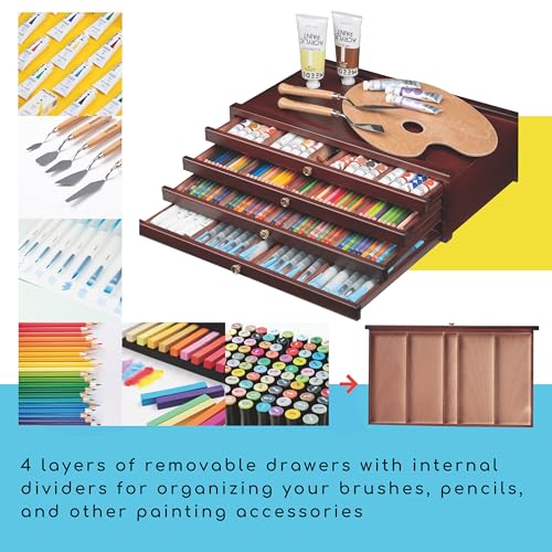 MEEDEN 4-Drawer Wood Artist Supply Storage Box, Portable Beechwood Multifunctional Pencil Brush Organizer Wood Box with Drawer&Compartments for Pastels, Pencils, Pens, Makeup Brushes(Deep Walnut) - size: 4 Layer Drawers