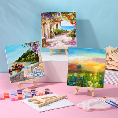 MotiMind 36 Pcs Mini Canvas and Easel Set for Painting, 6 x 6 Inch Canvas Panels with 6 Inch Wooden Easels for Oil Acrylic Painting Christmas Birthday Valentine's Mother's Day Art Crafts Party Favors - size: 6 x 6 Inch