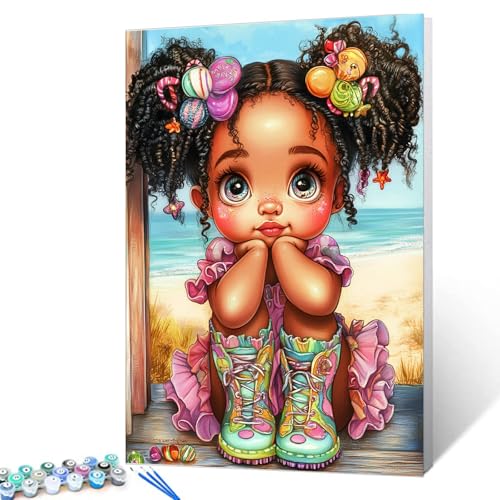 Tucocoo Adorable African Little Girl Paint by Numbers Kits with Brushes and Acrylic Pigment on Canvas Painting for Adults, Sandy Beach Whimsical Art Picture for Home Wall Decor 16''x20'' (DIY Framed) - color: Artwork-08, size: 16''x20''(DIY Frame)