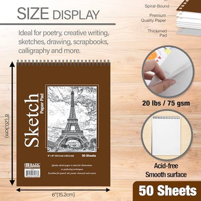 BAZIC Products Spiral Sketch Pad, Top Bound, 6 x 8 in, 50 Sheets, 2-Pack | 50-sheet spiral sketch pad, smooth drawing paper for sketching, shading - color: 50 Sheets - 6"x8", size: 2-Pack