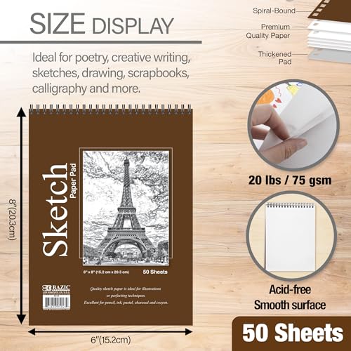 BAZIC Products Spiral Sketch Pad, Top Bound, 6 x 8 in, 50 Sheets, 48-Case | 50-sheet spiral sketch pad, smooth drawing paper for sketching, shading - color: 50 Sheets - 6"x8", size: 48-Pack