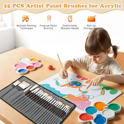 26 PCS Artist Paint Brushes for Acrylic, Professional Paint Brush, Nylon Bristles with Round, Filbert, Angle, Flat, Fan, Detail Brush, for Acrylic, Oil & Watercolor (Rosewood)