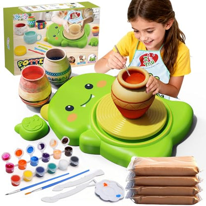 Skirfy Mini Pottery Wheel Kit for Beginners Kids,Electric Ceramic Wheel with Foot Pedal&Painting Kit, Adjustable Speed,Clay Spinner DIY Tools for Art Craft Birthday (Green Dinosaur) - color: green
