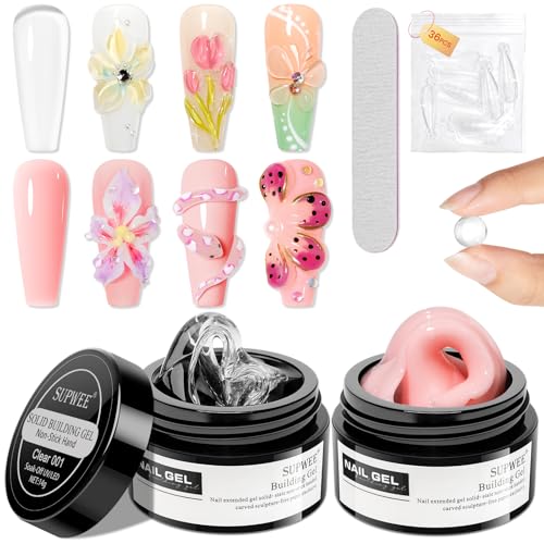 Solid Builder Gel for Nail Extension Clear Nude Non-Stick Hand Sculpture Hard Gel with Dual Form Flower Nail Strengthen Nails Art for Home DIY Nails Salon Lamp Cure Require 2 Colors 14g - color: Clear&Nude