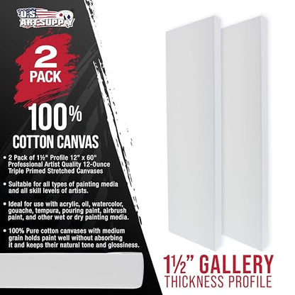 U.S. Art Supply Rectangle Stretched Canvas for Painting 12x60 inch Gallery Depth 1-1/2" Thick, 3-Pack - 12oz Acrylic Gesso Triple Primed, Professional Artist Quality, 100% Cotton - Oil, Pouring Paint - size: 12" x 60"