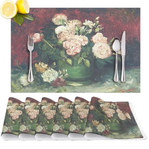 Peonies Roses Flower Red Placemats Set of 6 by V.Gogh Oil Painting, PVC Vinyl Heat Resistant Non-Slip Washable Place Mat for Kitchen Dining Holiday Farmhouse Table Art Decor, 18"x12" - color: Red Rose Flower