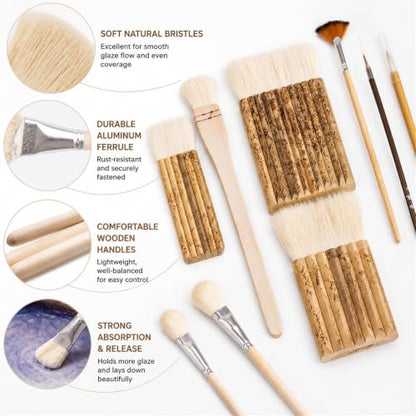Set of 8 Pottery Glaze Brushes Tools, Wool Soft Bristle for Ceramic Glazing Acrylic Watercolor Oil Painting, Mop, Hake, Sumi, Fan, Fine Brush for Clay Wheel Kiln Blending Art Supplies - color: 8pcs